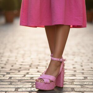 187. Nine West Hadyn Pink Raffia Platform Sandals – Size 9.5 - New w/ Tag